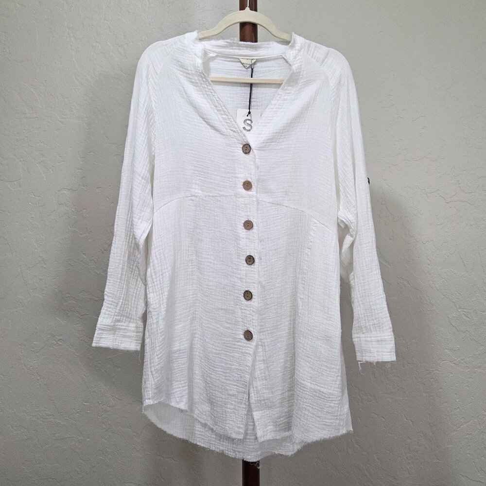 White Button-Front‎ Tunic With Frayed Hem